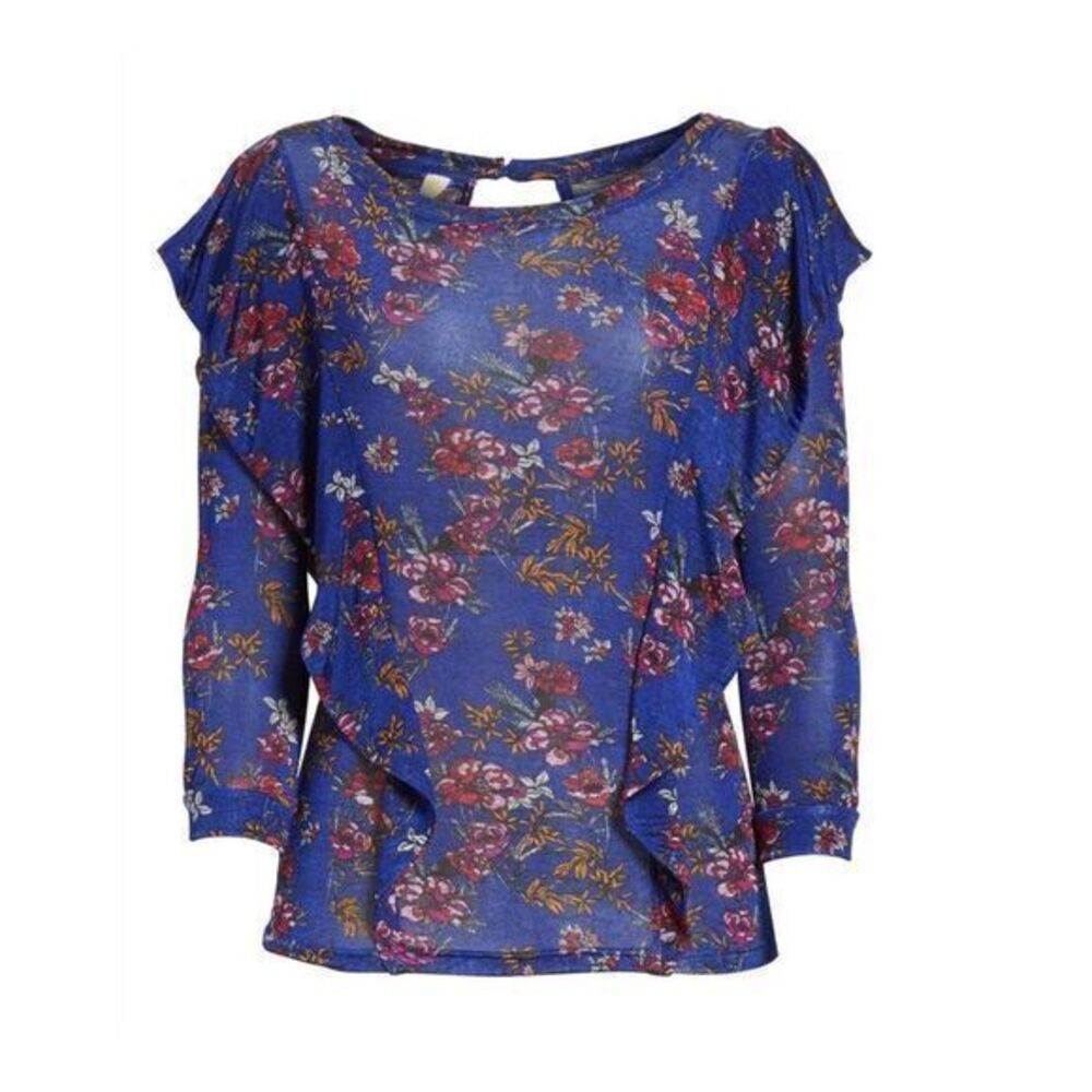 FREE PEOPLE Blue Ruffle Floral Blue Top Blouse MEDIUM
